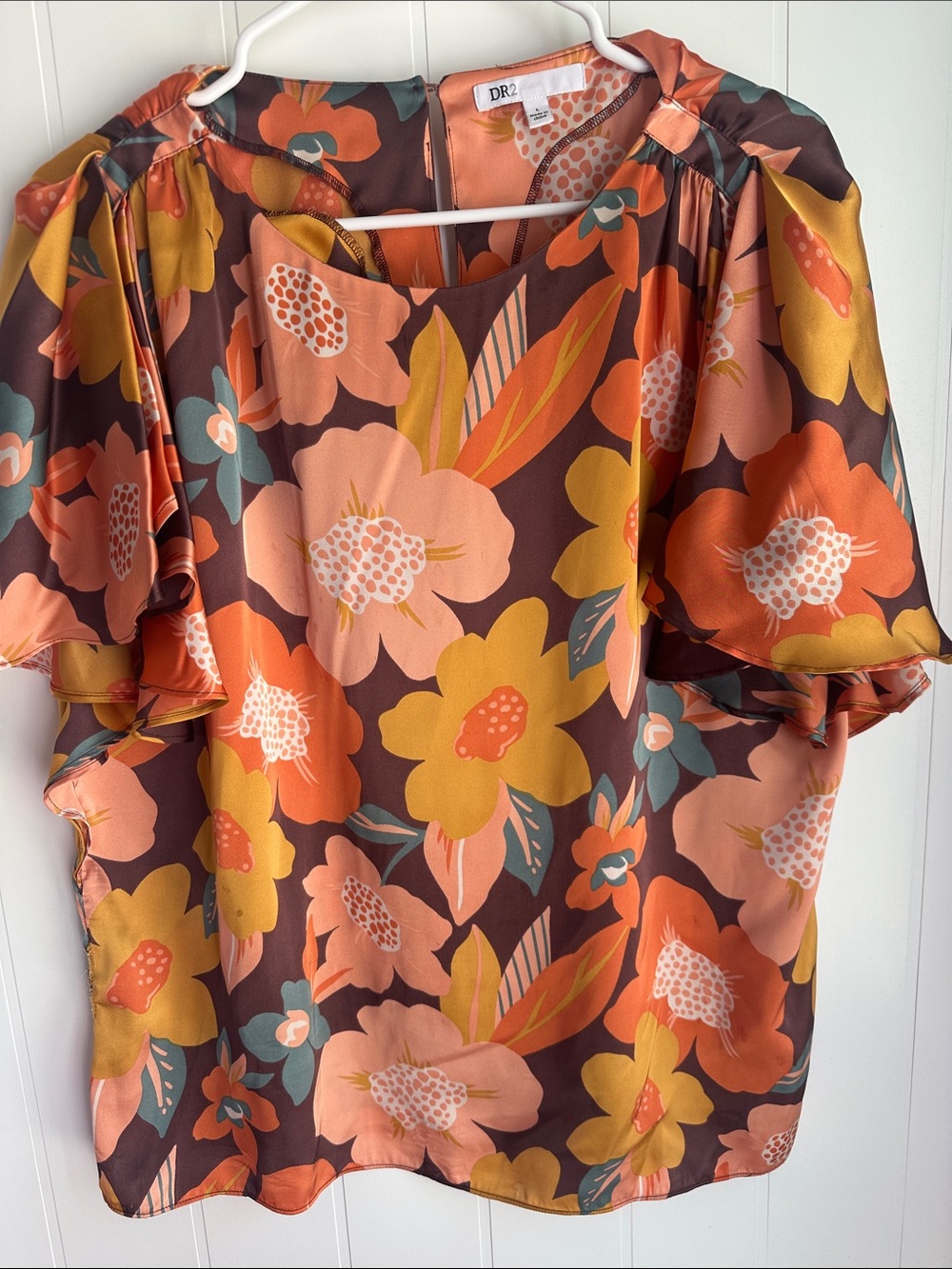 DR2 Satin Floral Flutter Sleeve Blouse - Rust, Mustard & Teal
